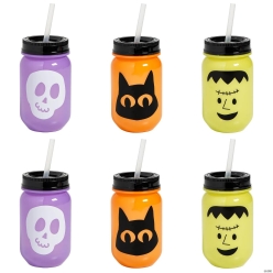 Halloween 10oz Jar Cups with Lids & Straws-6Pk